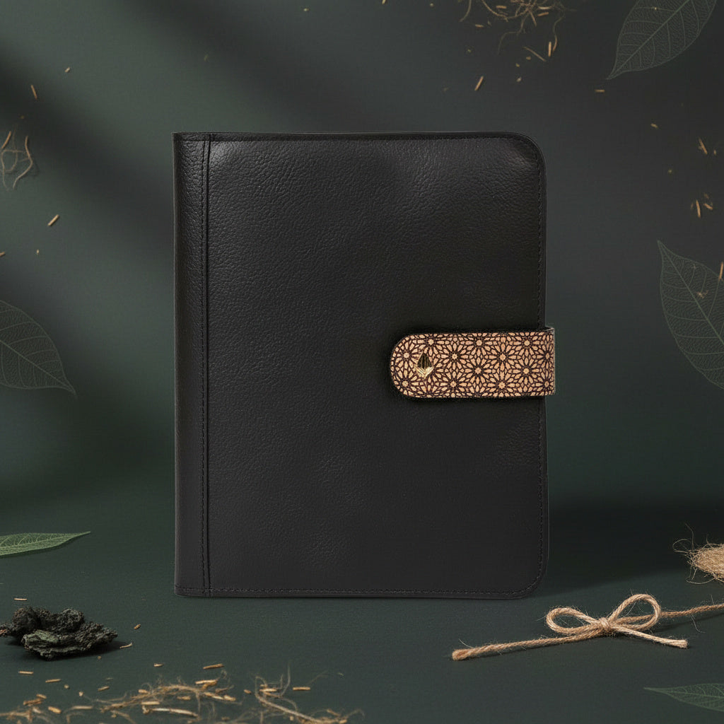 Plant leather diary and pen set in black with cork strap closure by Green Hermitage