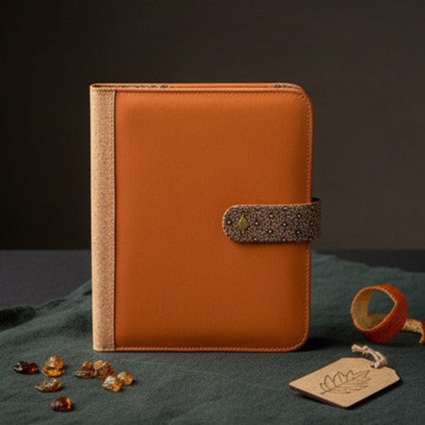 Plant leather diary and pen set in tan with cork strap closure by Green Hermitage
