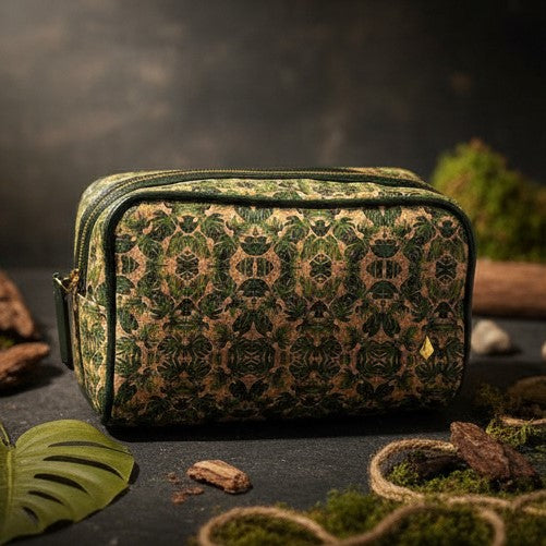 green plant leather travel utility kit with printed cork pattern by Green Hermitage