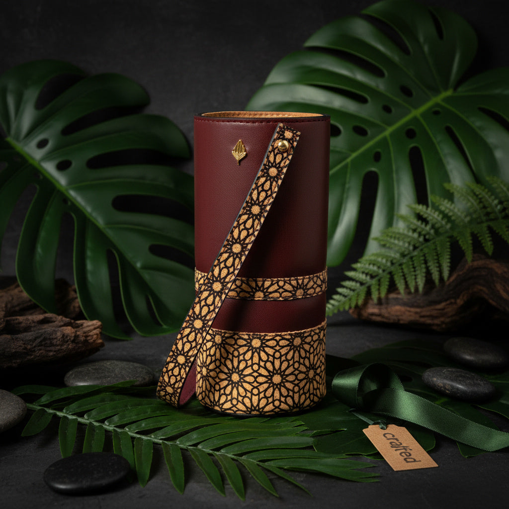 Rosa plant leather wine bottle holder in maroon with cork detail by Green Hermitage