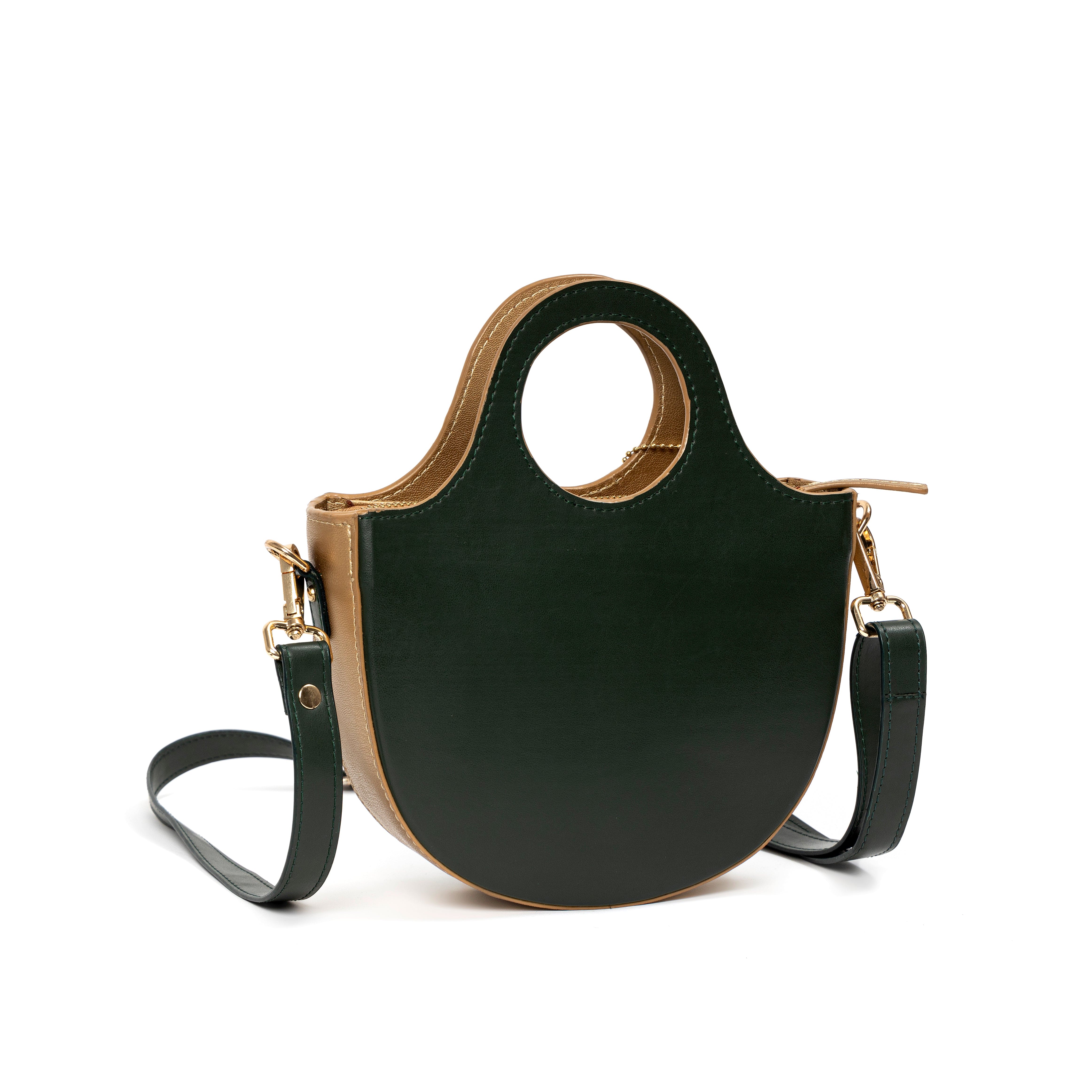 Back view of Savannah Gold plant leather sling bag showing structured silhouette and adjustable strap