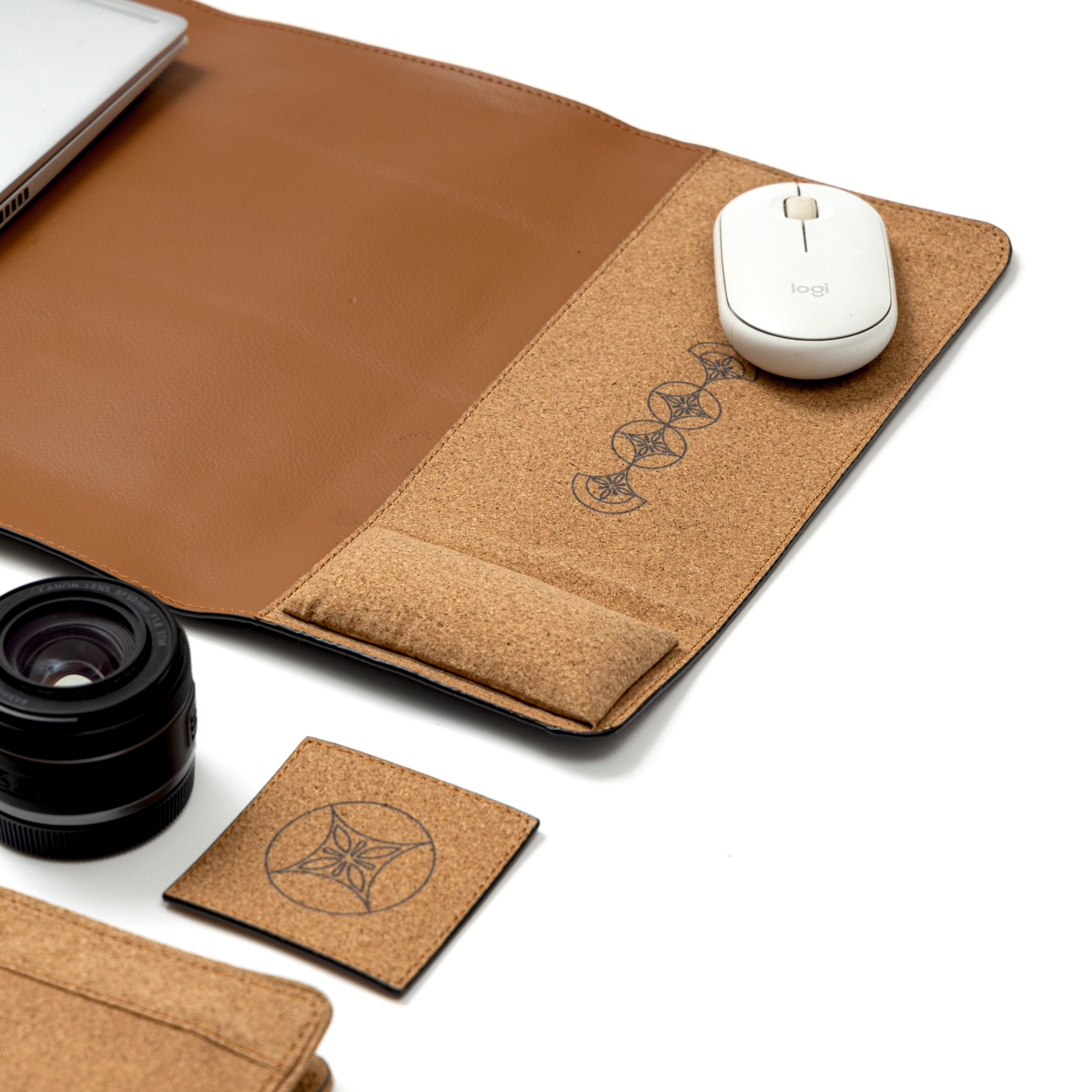Plant leather desk mat with cork mouse pad from the Tan Office Desk Set by Green Hermitage