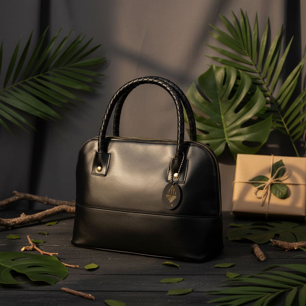 Theia black plant-based leather shoulder bag placed on a dark surface with green leaves and gift box showcasing premium sustainable design