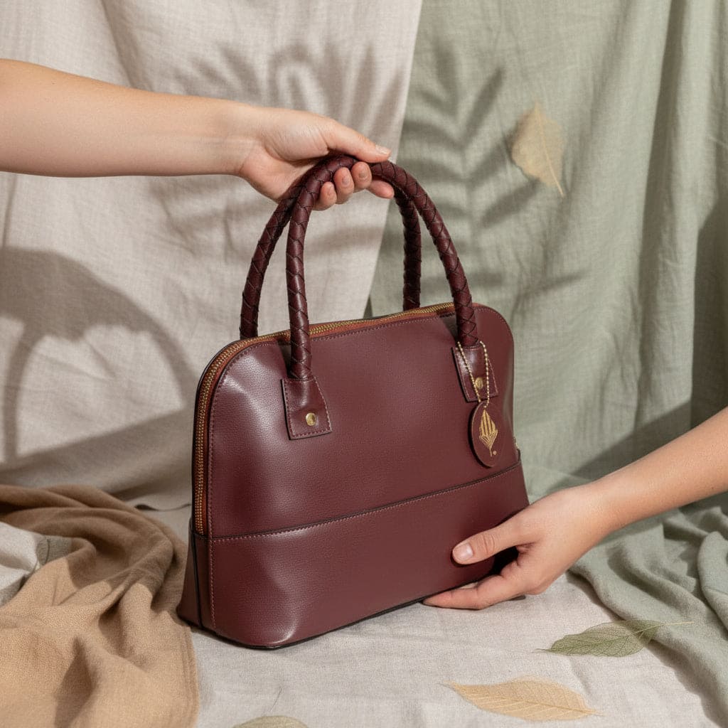 Theia red plant-based leather shoulder bag close view held by model showing structured shape and everyday usability