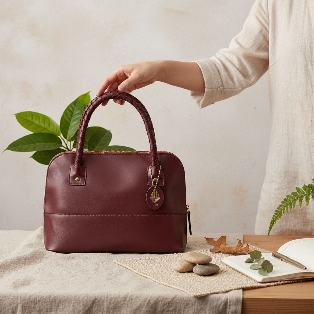 Theia red plant-based leather shoulder bag held by model showing structured design and everyday lifestyle use