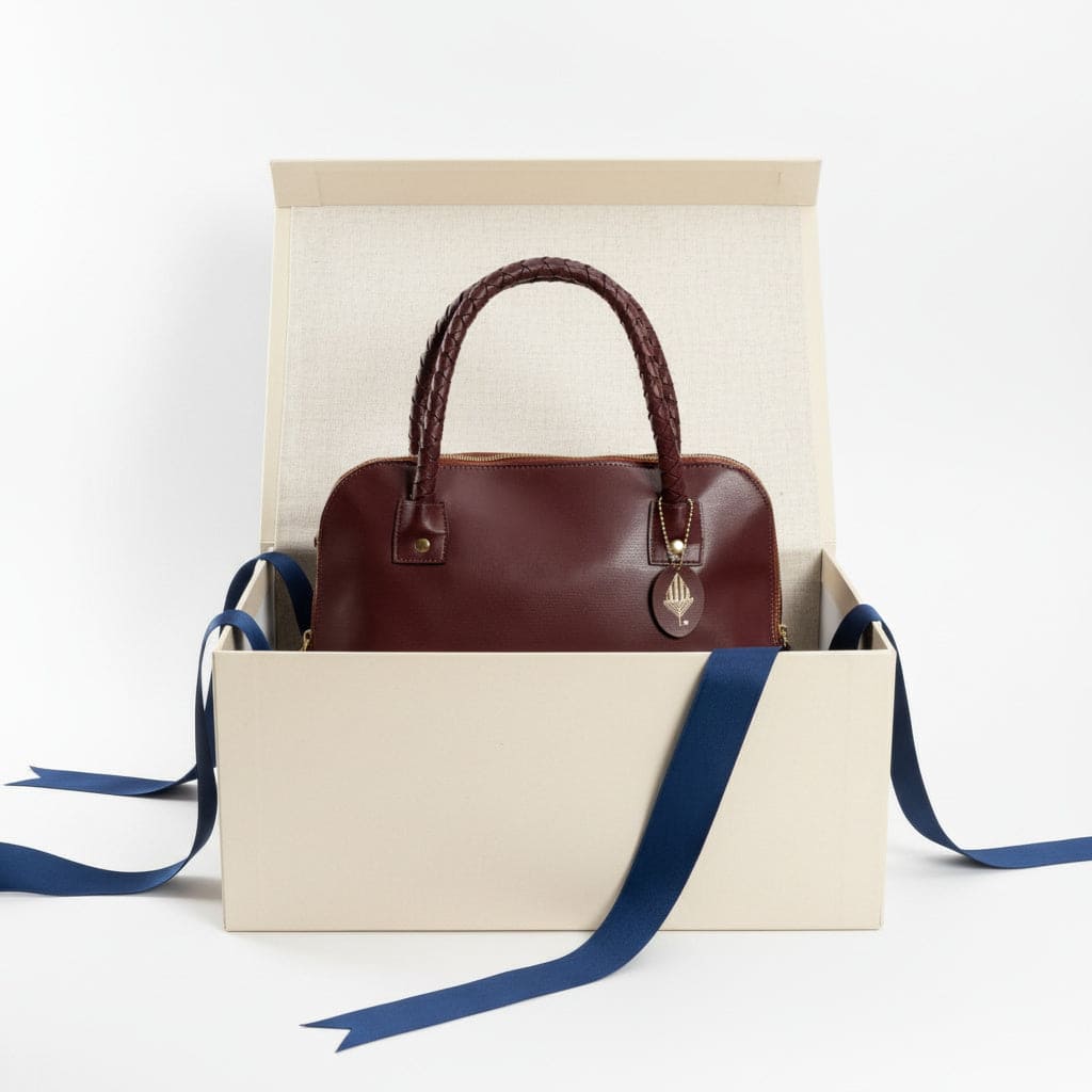 Theia red plant-based leather shoulder bag placed in premium packaging box with ribbon showing gifting presentation