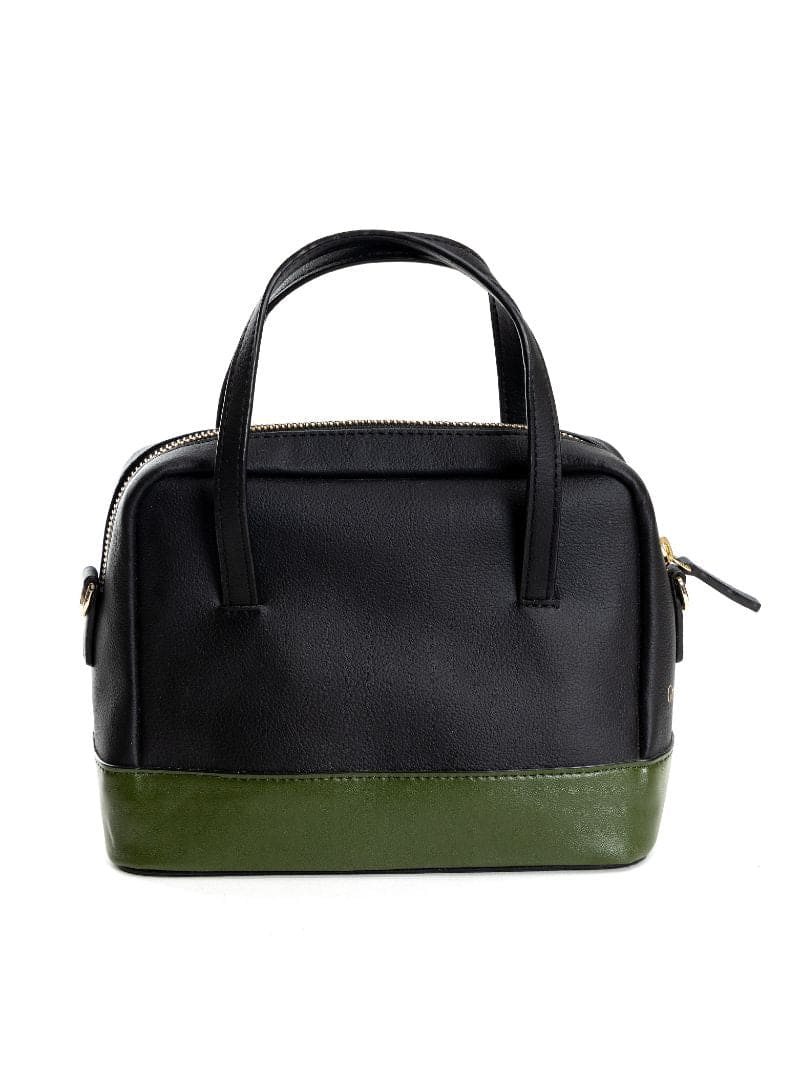 Back view of Vanadey plant leather satchel crossbody bag in black and green on white background