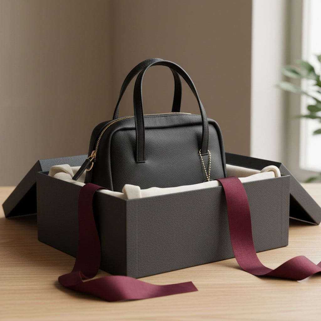 Vanadey plant leather satchel crossbody bag in black and green placed inside a gift box with ribbon on a wooden surface