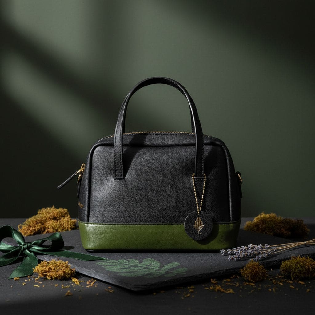 Vanadey plant leather satchel crossbody bag in black and green with structured design placed on a dark surface with natural elements