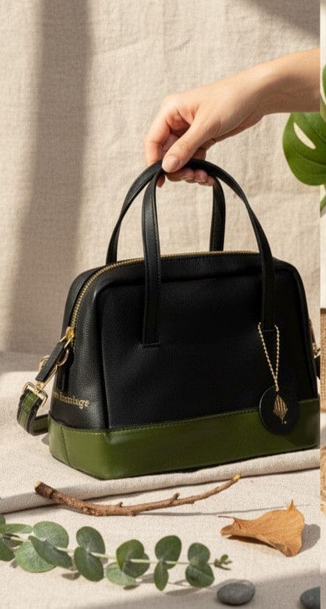 Vanadey plant leather satchel crossbody bag in black and green with top handle held by hand on a neutral fabric background with natural elements