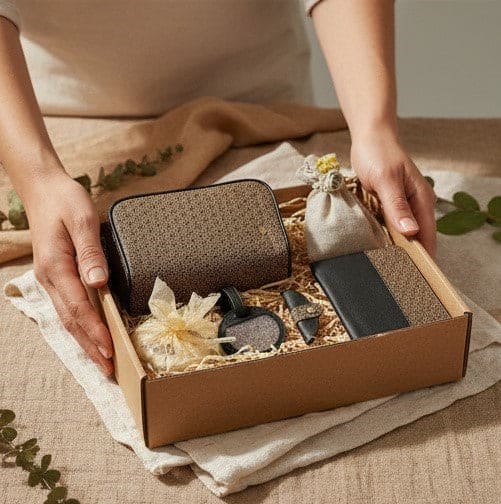 Voyagers travel gift set by Green Hermitage presented in luxury gift box with plant leather passport holder, travel pouch, tag and cable organiser