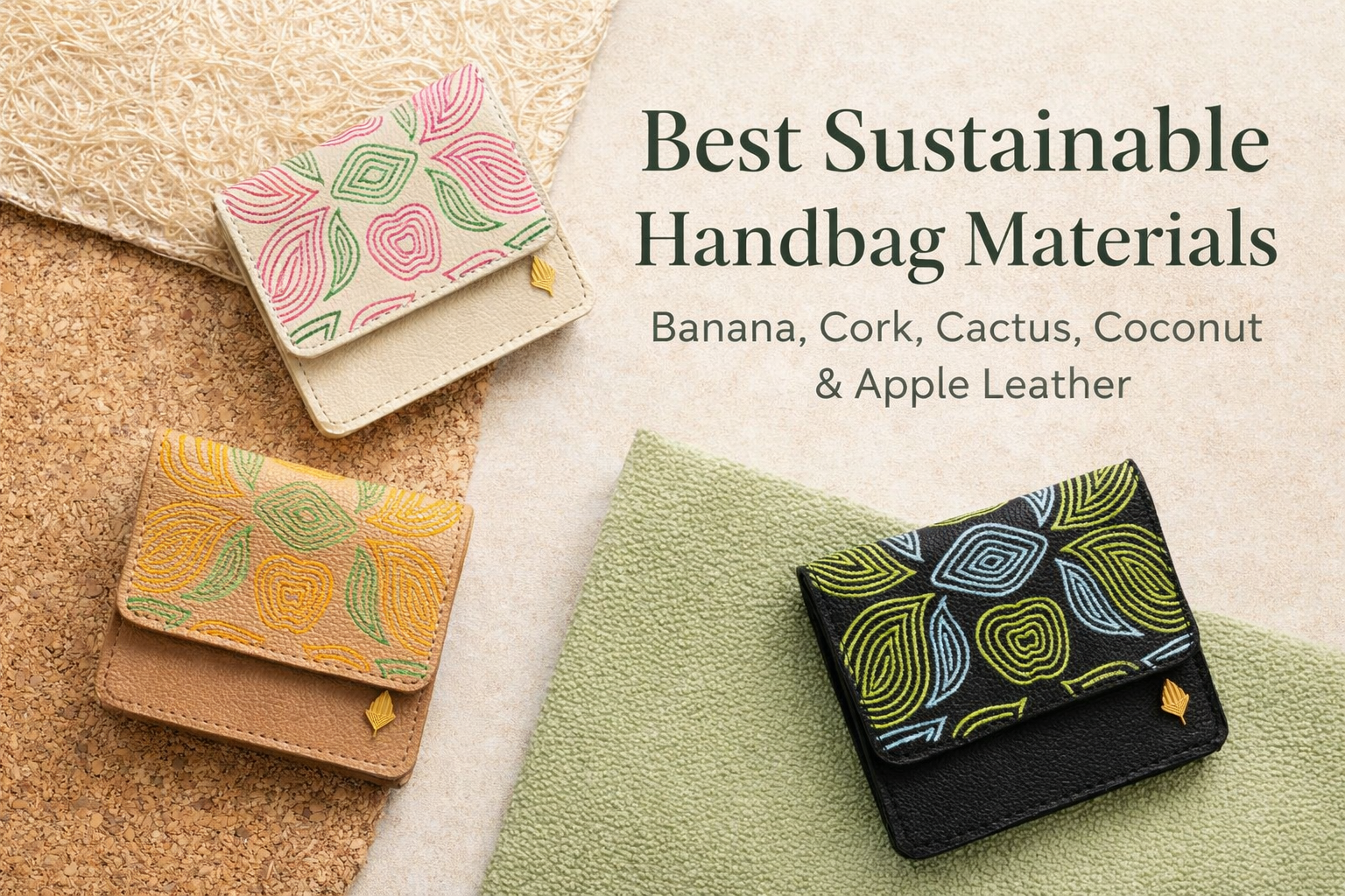 Three plant leather Lana card holders in black, almond and tan displayed on natural textures representing sustainable handbag materials like banana, cork, cactus and coconut leather