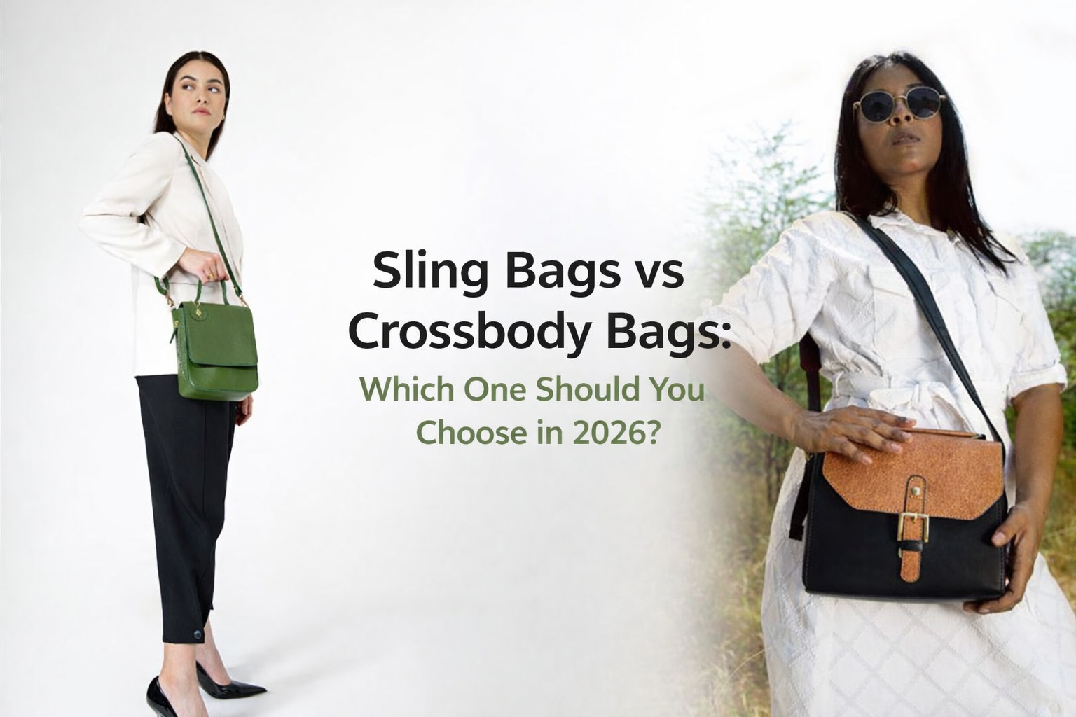 Sling bags vs crossbody bags comparison featuring a model with a green plant leather crossbody bag and another with a black and tan plant leather sling bag, highlighting everyday styling and functionality