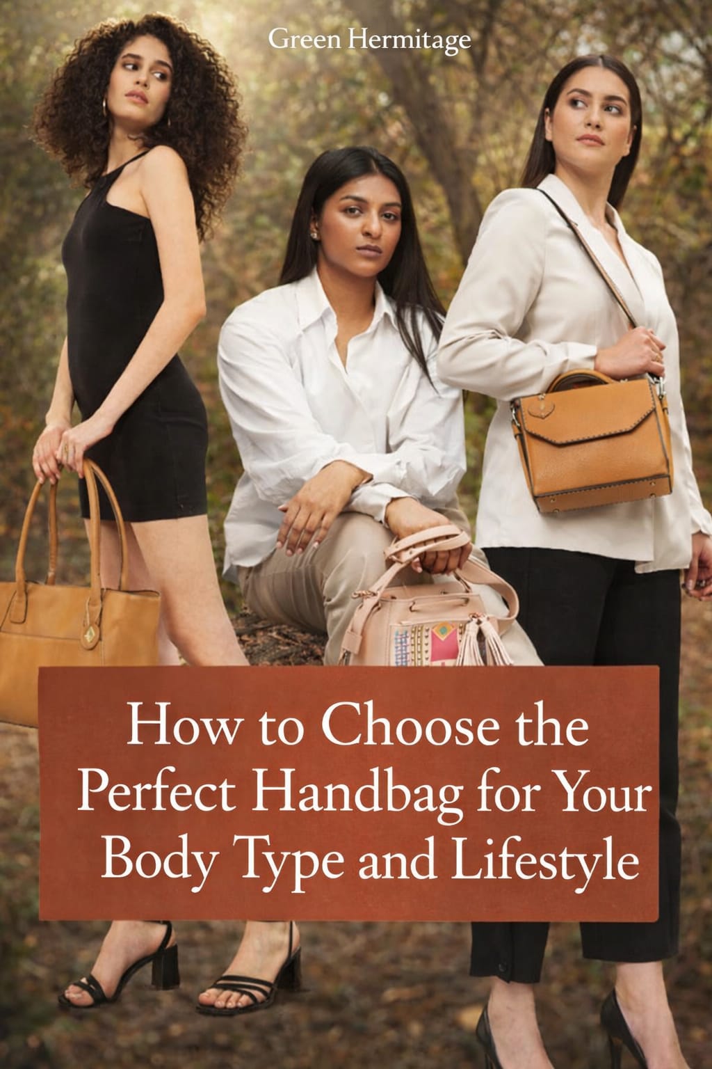Women posing with stylish handbags in a forest setting with text overlay reading how to choose the perfect handbag for your body type and lifestyle by Green Hermitage