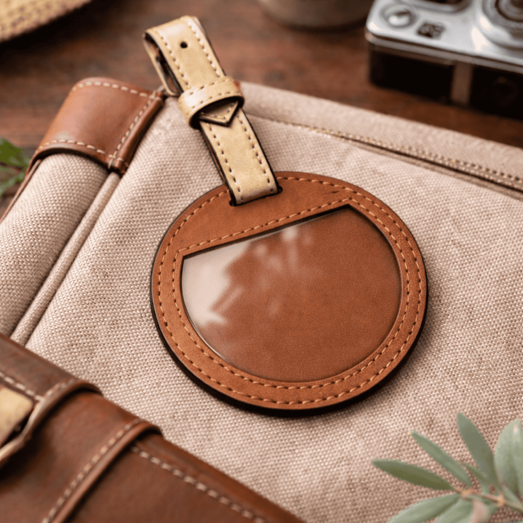 Gingerbread and gold circular plant leather travel tag made with cork and sustainable materials