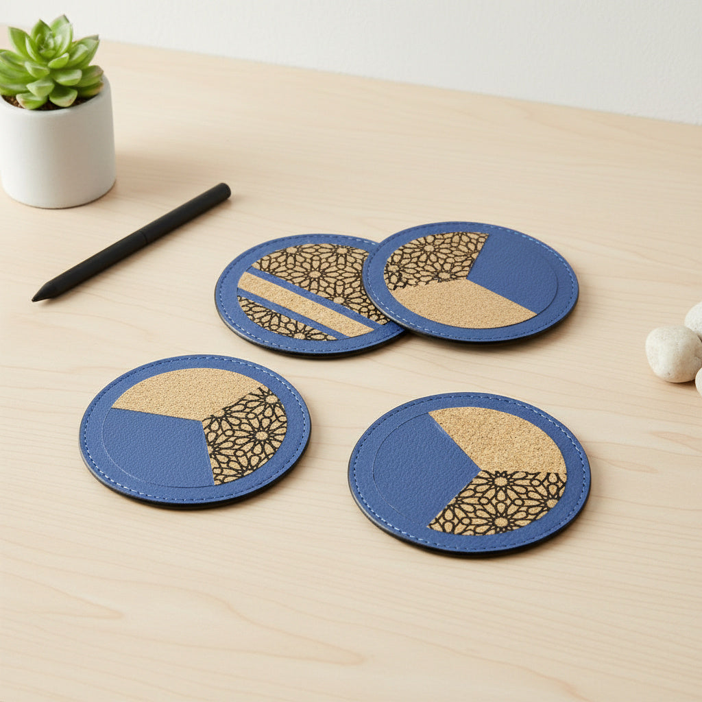 Vegan Leather Coasters Set - Blue