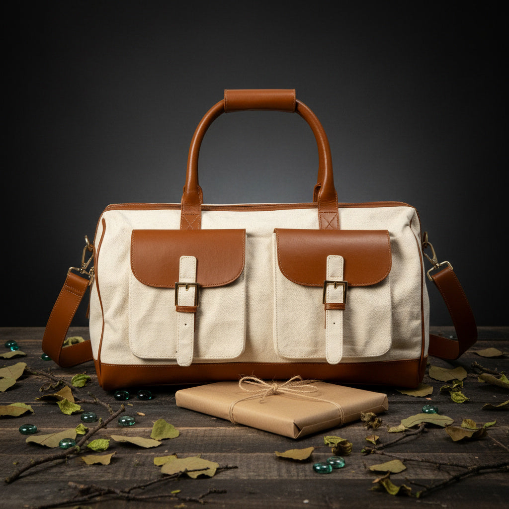 Ajax Vegan Leather Duffle Bag -Beige