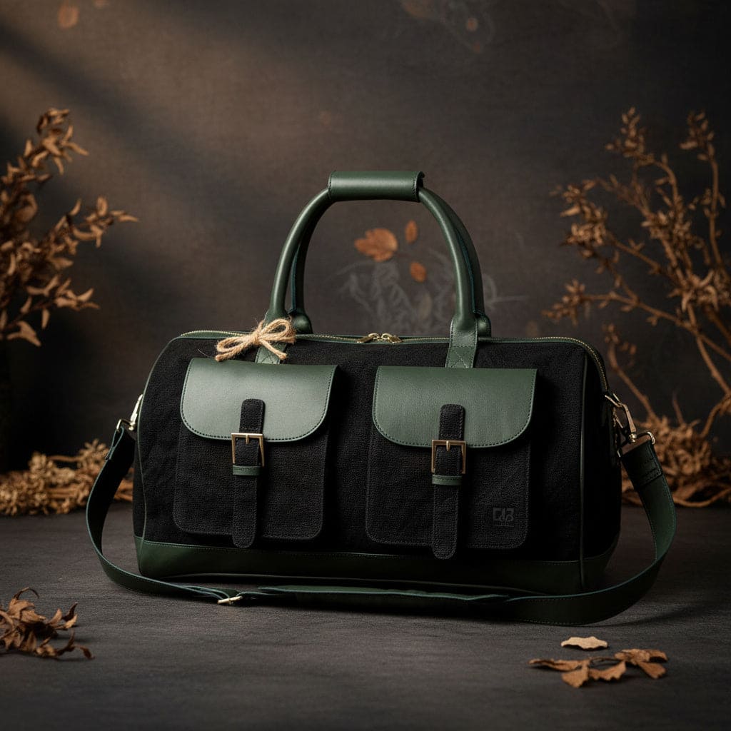 Ajax plant leather duffle bag in black and forest green colour placed on a dark studio background with natural elements, front view