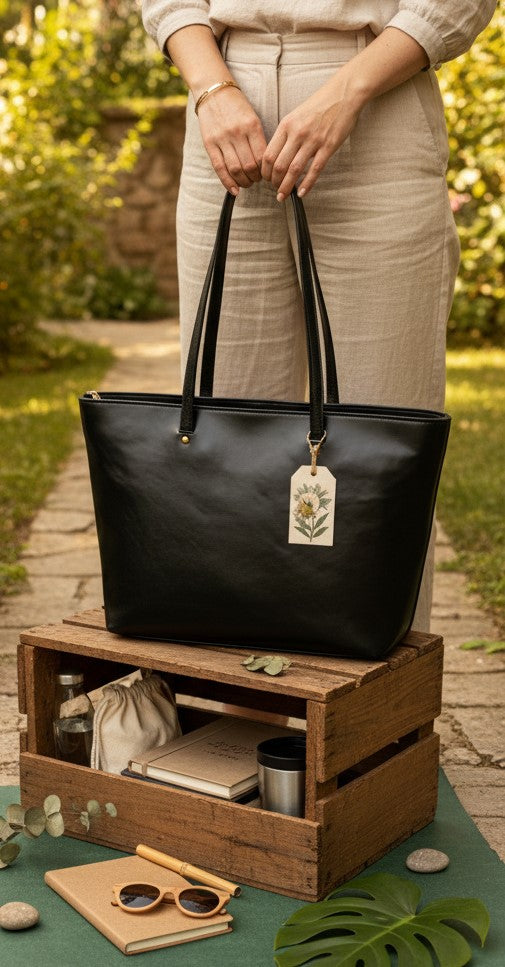 Antheia black plant-based leather tote bag carried by model showing spacious capacity with daily essentials, ideal for work, travel, and everyday use