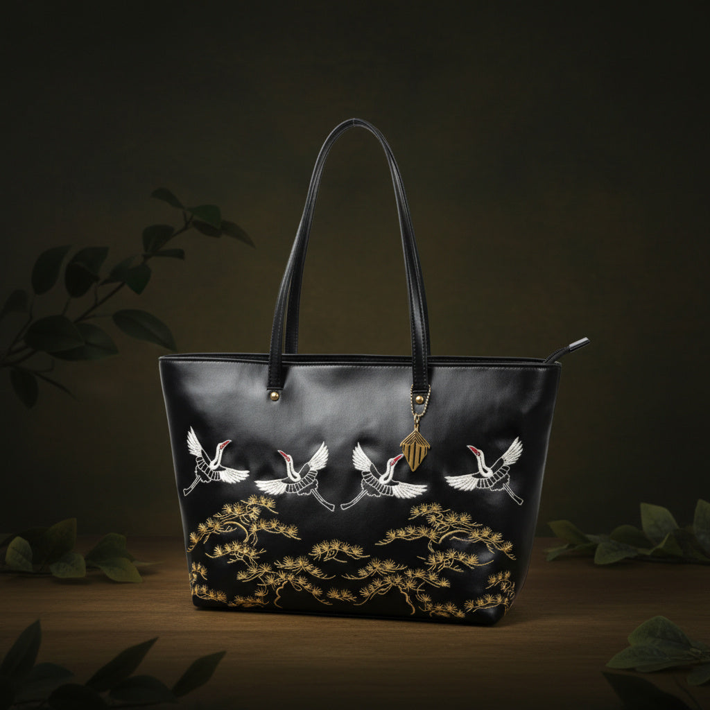 Antheia black embroidered plant-based leather tote bag with gold detailing, structured design, and spacious interior for work and everyday luxury use