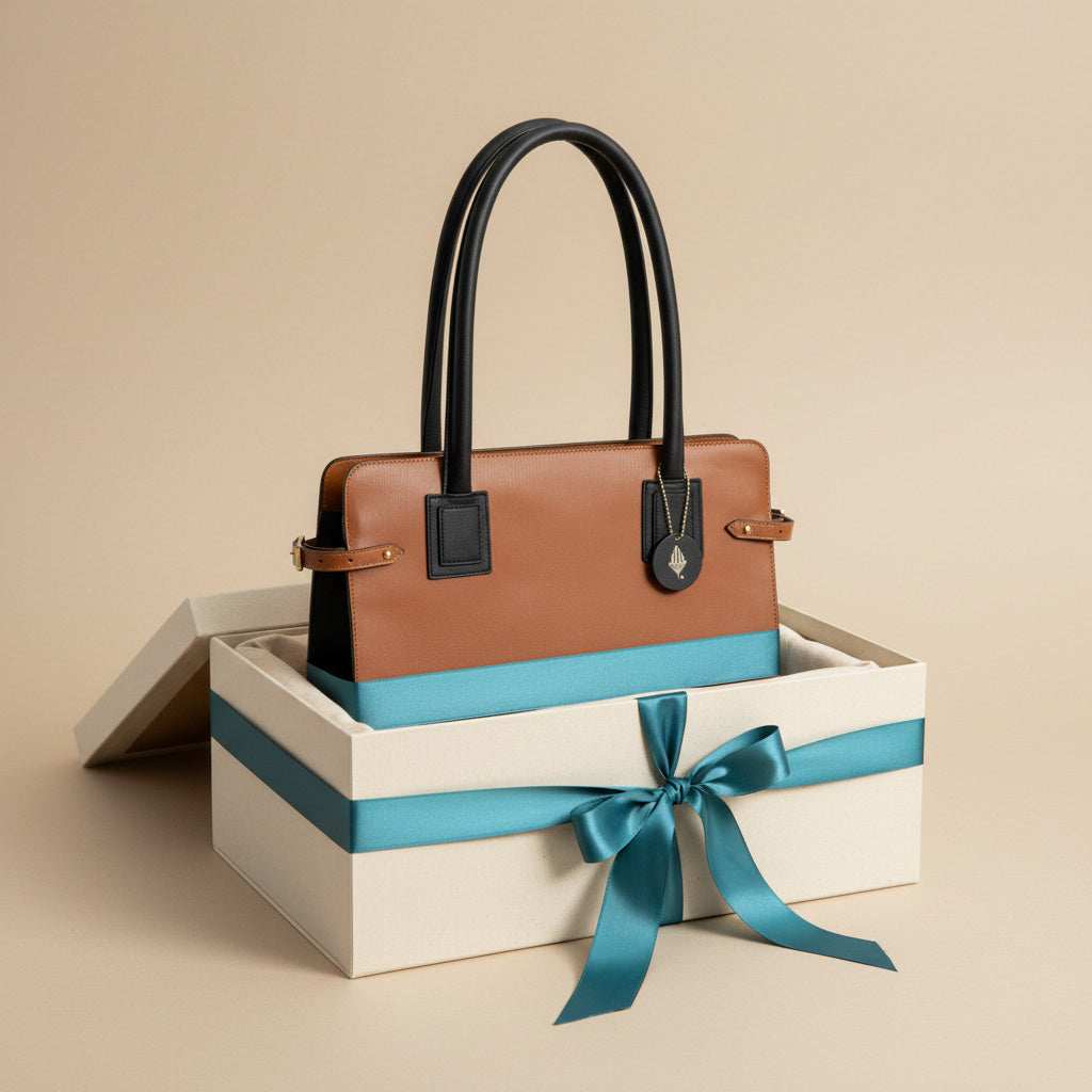 Aranyani plant-based leather tote bag in gingerbread and black colour placed in a gift box with ribbon, showcasing premium gifting presentation