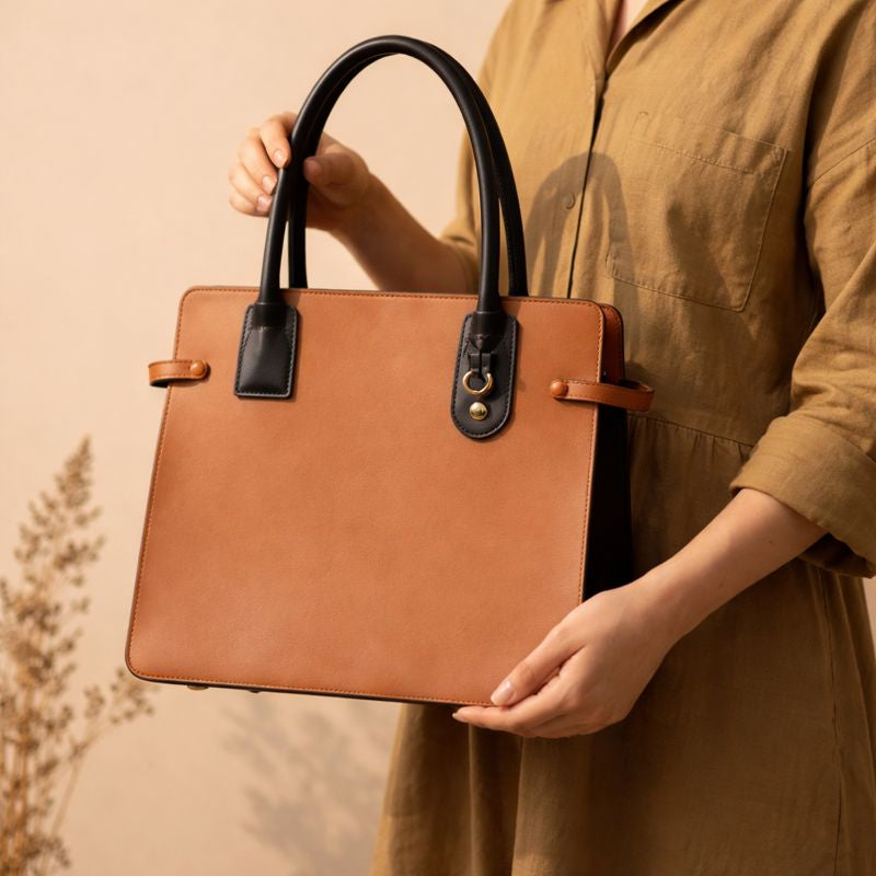 Aranyani plant-based leather tote bag in gingerbread and black colour held by model, structured design with dual handles shown in lifestyle setting