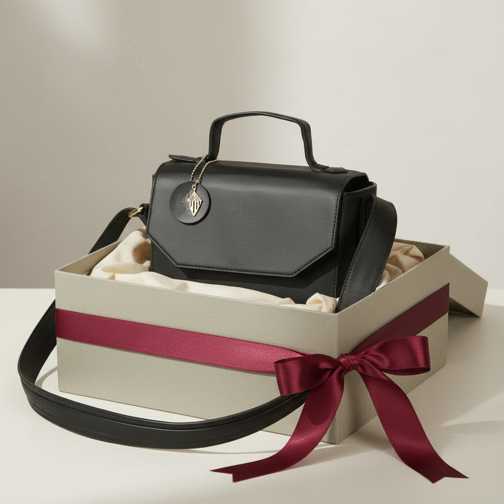 Asteria black plant-based leather crossbody bag presented in premium gift box with ribbon, highlighting luxury packaging and sustainable design