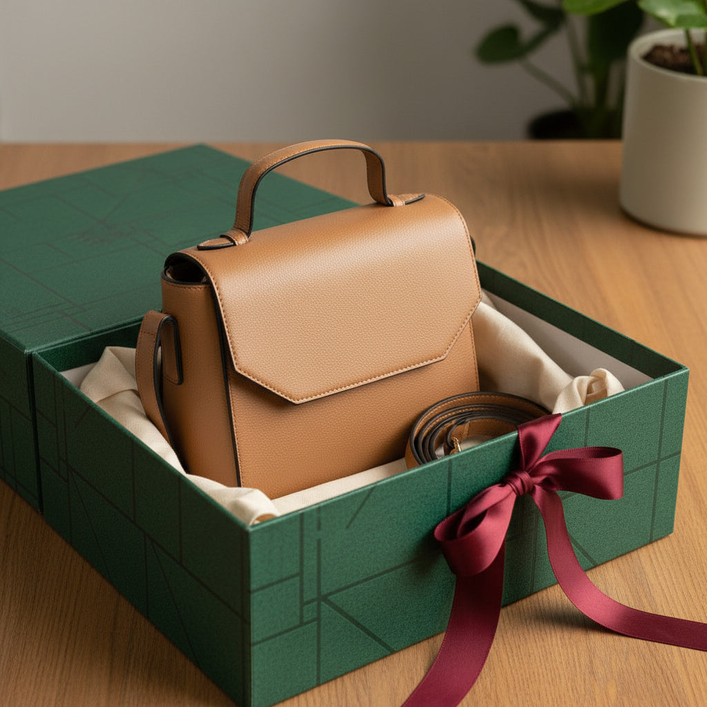 Asteria caramel vegan leather crossbody bag placed inside a green gift box with ribbon, showcasing premium packaging and gifting appeal