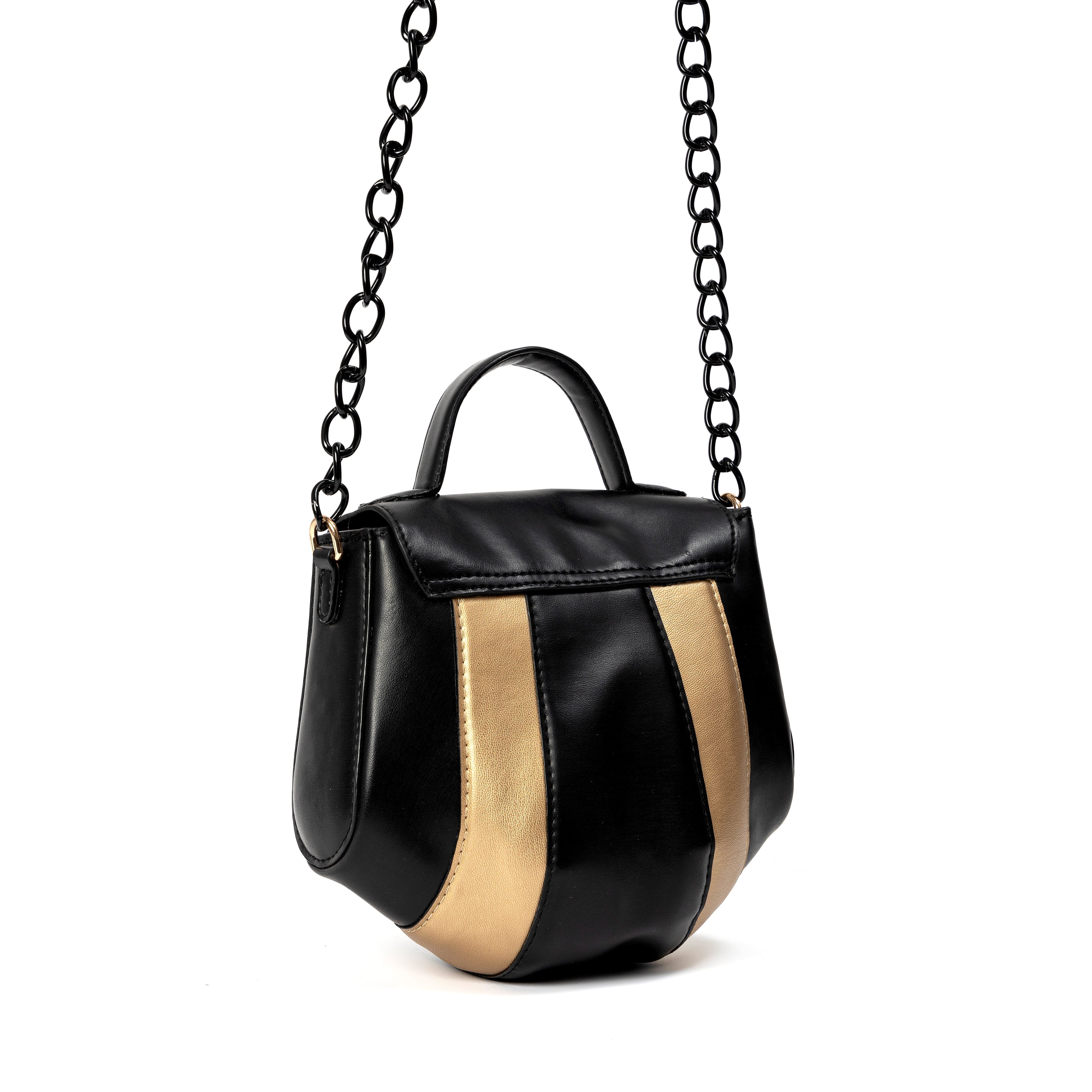 Aurora black and gold plant-based leather sling bag with chain strap shown from back on white background