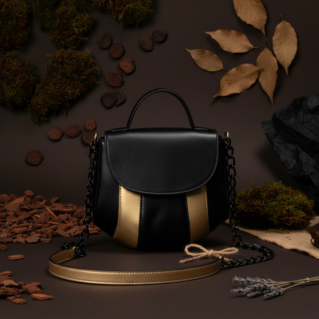 Aurora black and gold plant-based leather sling bag on a dark surface with natural leaves and moss styling