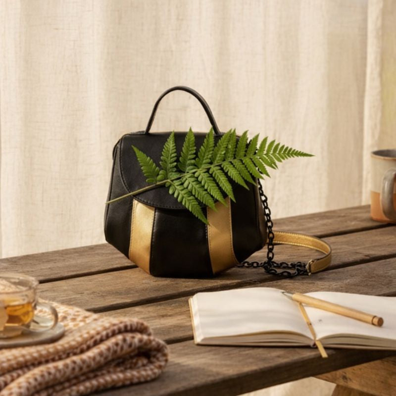 Aurora black and gold plant-based leather sling bag on a wooden table with notebook, cup, and natural styling