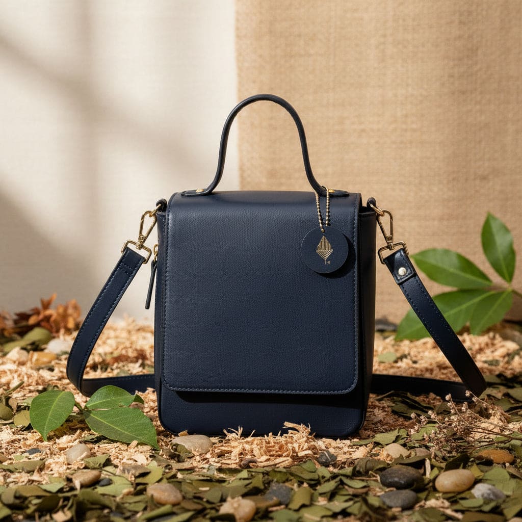 Ceres navy blue plant-based leather crossbody bag front view with gold hardware on natural background