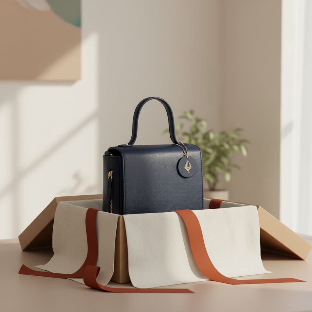 Ceres navy blue plant-based leather crossbody bag displayed in premium gift box packaging with ribbon on a neutral background