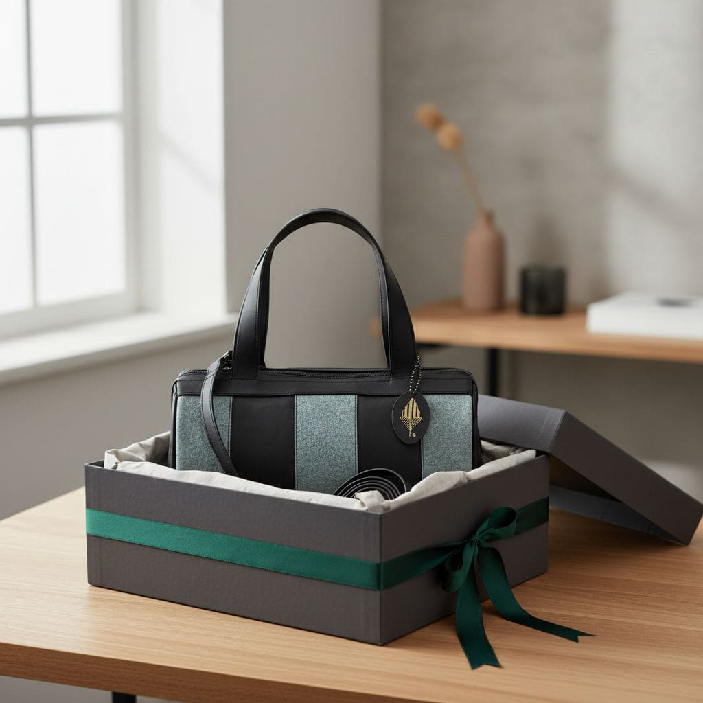 Chloris plant leather bowler bag in black and dark grey presented in Green Hermitage's premium gift box, handcrafted from cactus leather and Malai leather.