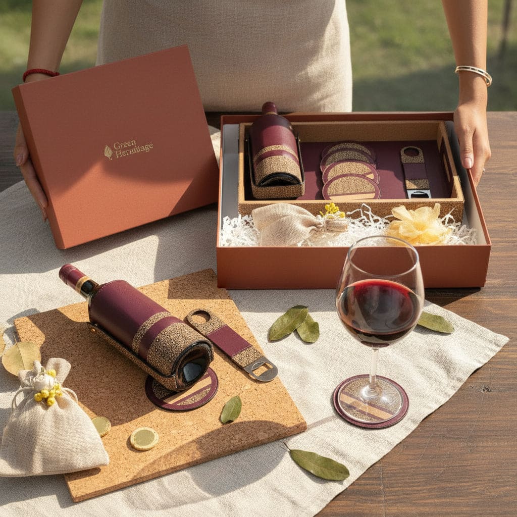 Luxury bar ensemble gift set with maroon wine accessories tray, coasters and bottle holder by Green Hermitage