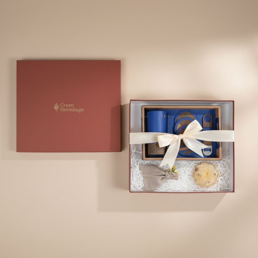 Luxury bar gift set in premium packaging with ribbon featuring bar accessories by Green Hermitage