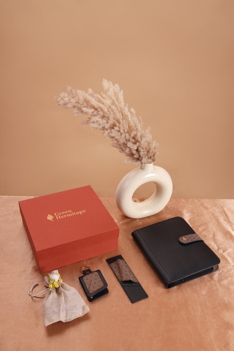 Luxury Mindful Moments executive desk gift set with diary pouch keychain and bookmark by Green Hermitage