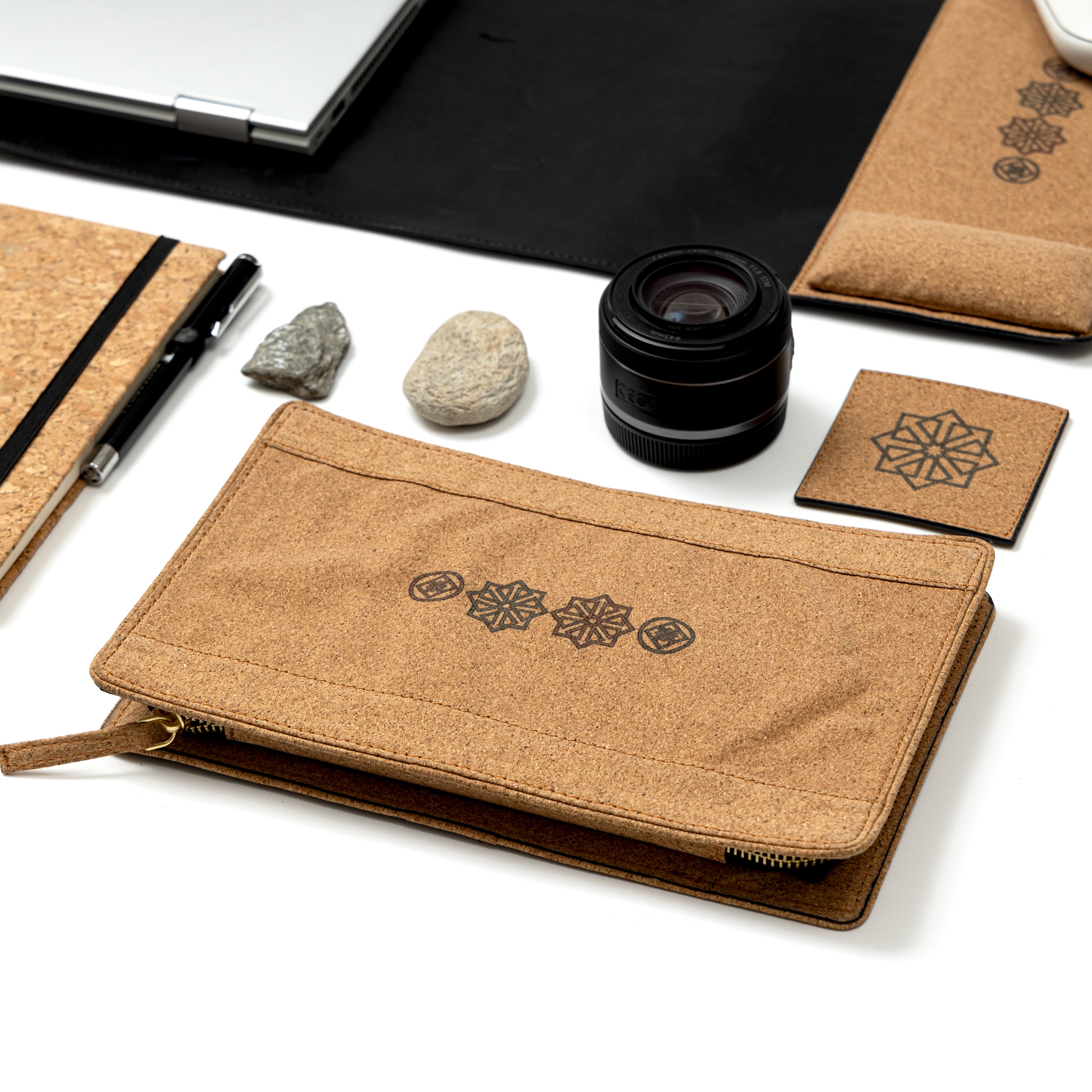 Cork tech organiser pouch from Noir sustainable office desk accessories set by Green Hermitage