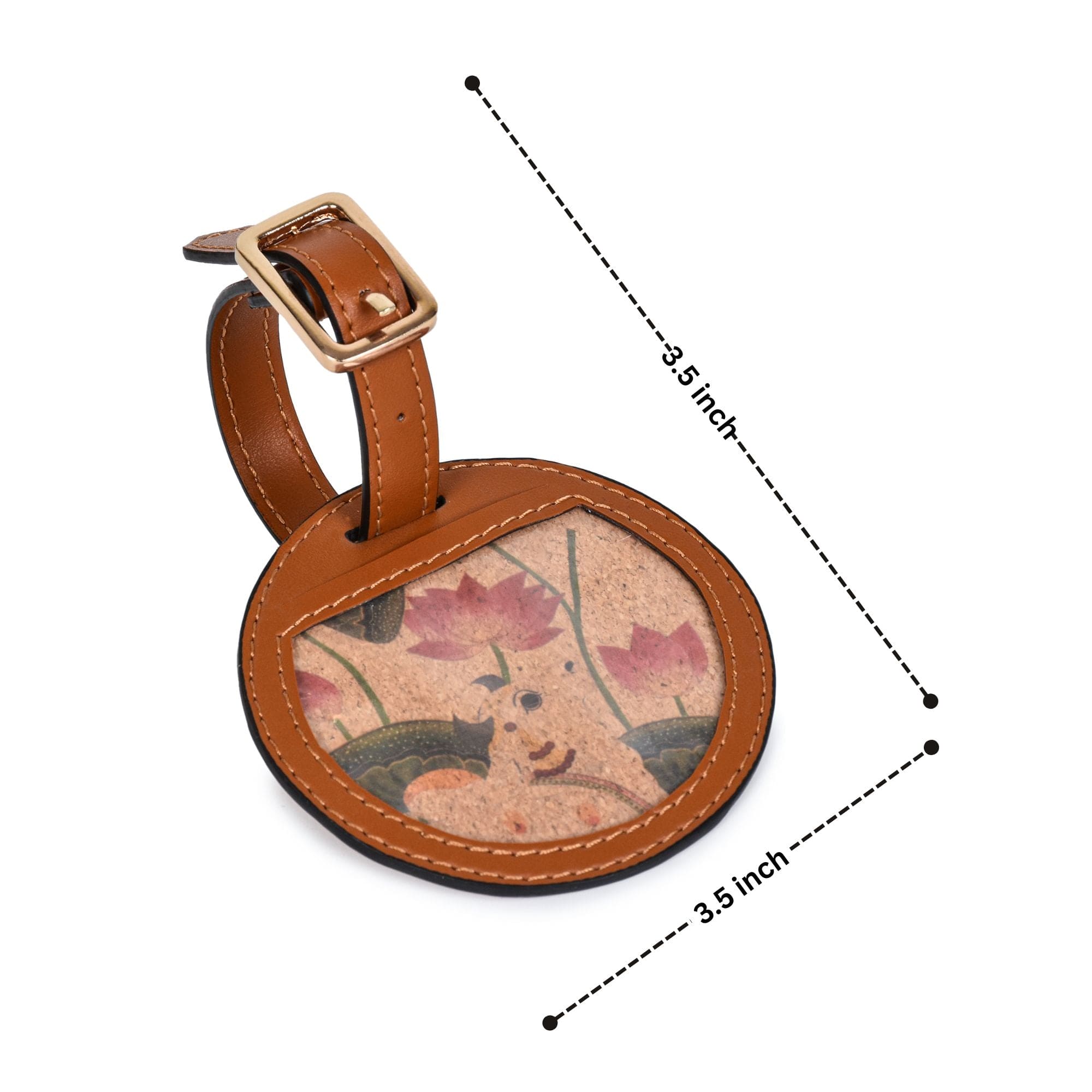Pichhwai art luggage tag with dimensions made from banana leather sustainable travel accessory by Green Hermitage
