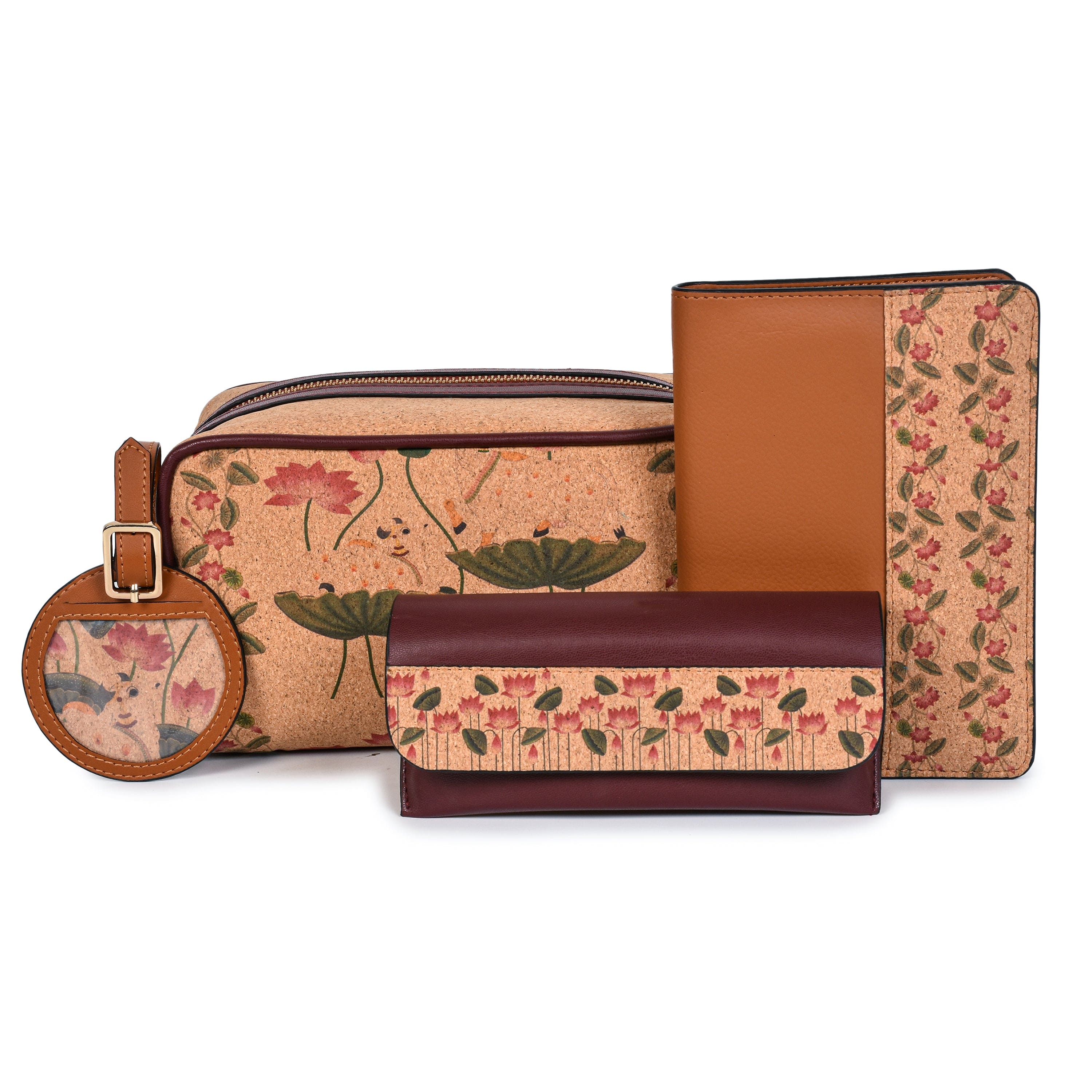 Pichhwai art travel gift set by Green Hermitage with handcrafted utility pouch passport holder eyewear case and luggage tag made from sustainable materials
