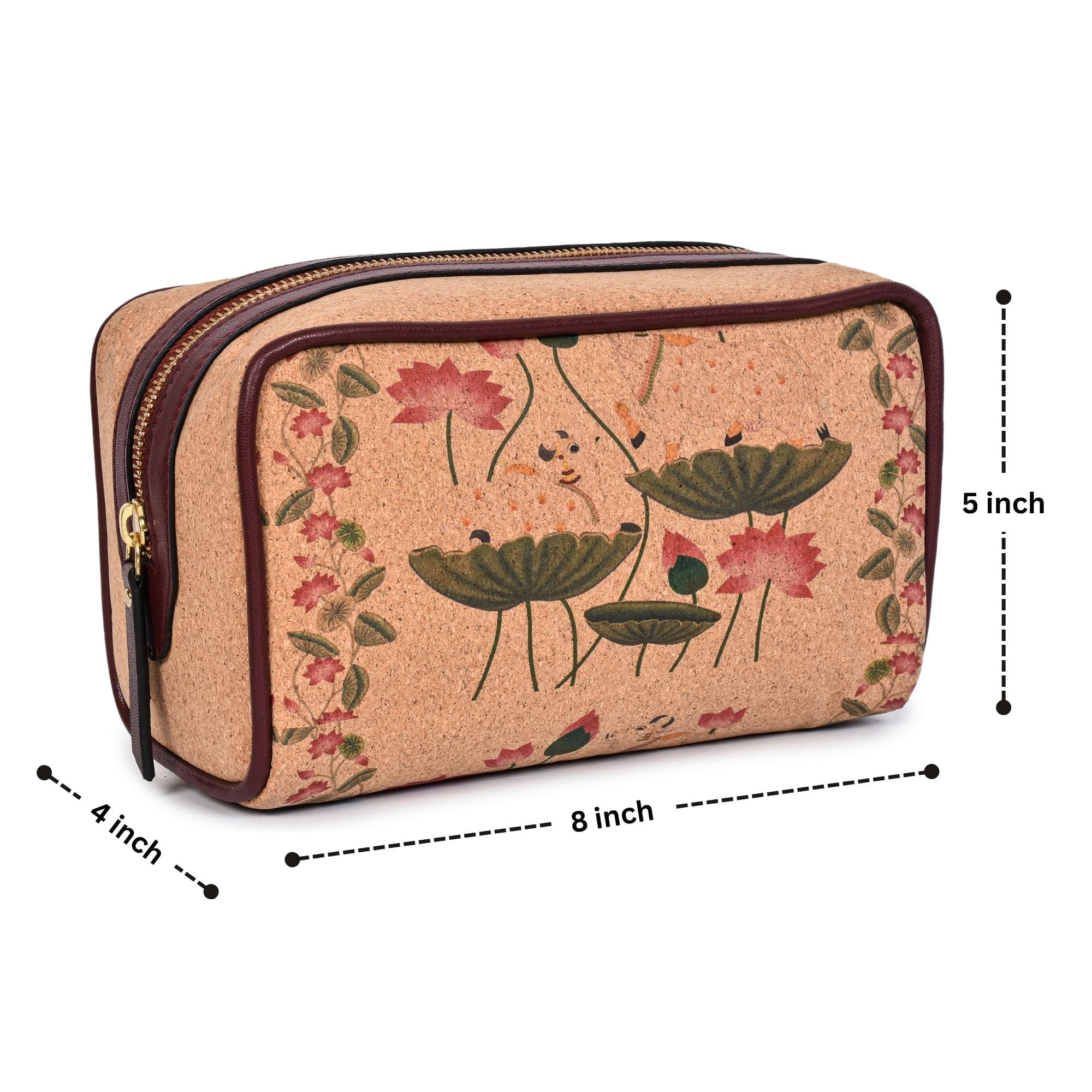 Pichhwai art travel utility pouch with dimensions made from banana leather and cork sustainable travel accessory by Green Hermitage
