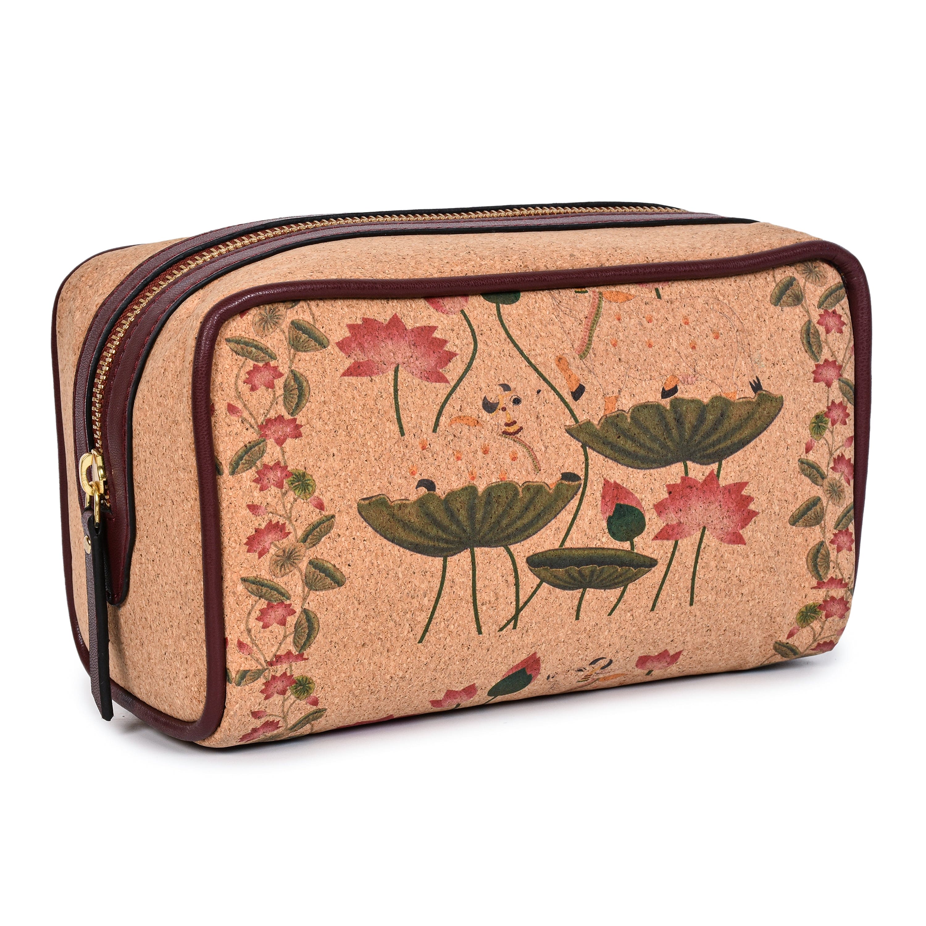 Handcrafted Pichhwai art travel utility pouch by Green Hermitage made with cork and plant based materials for sustainable travel organisation