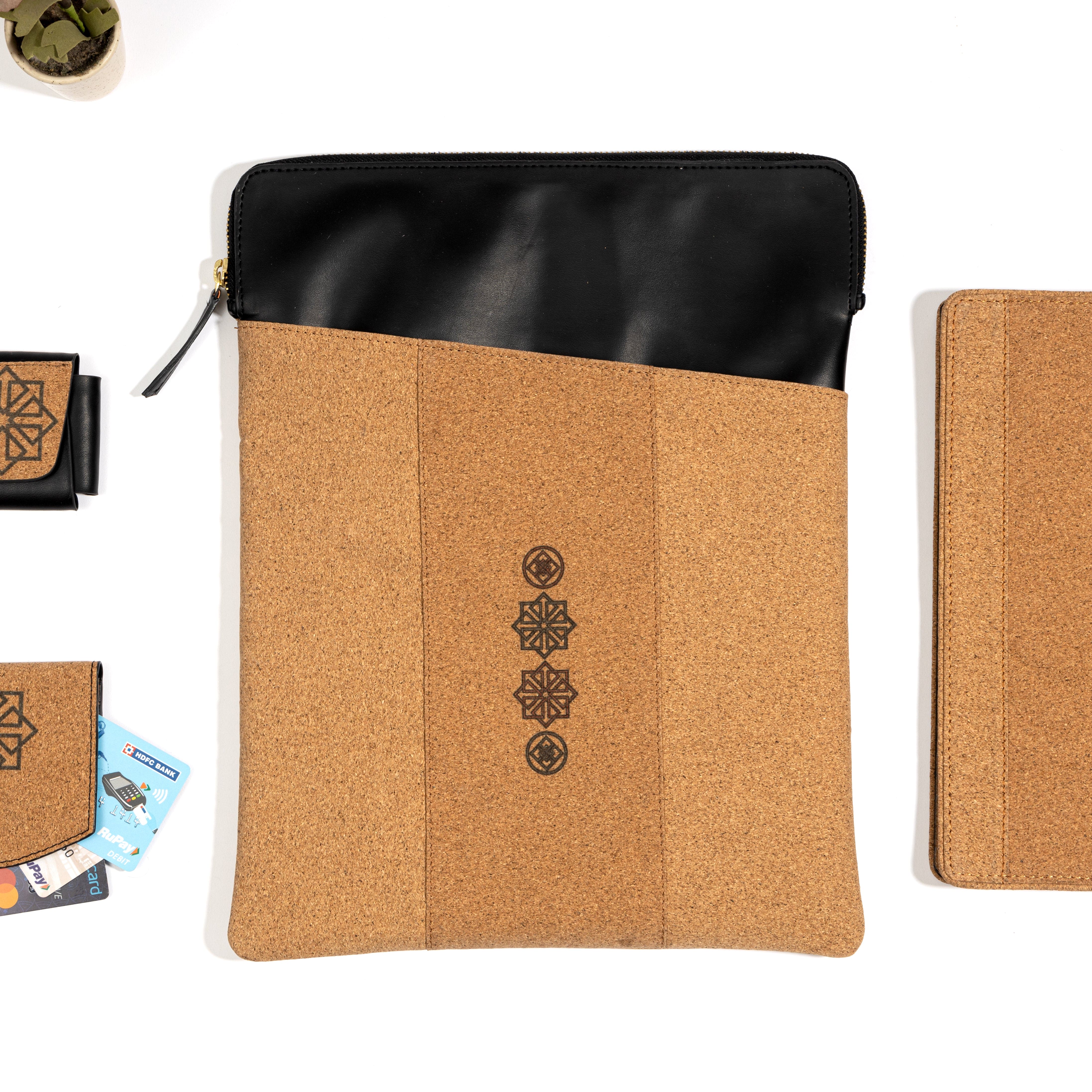 Plant leather laptop sleeve with charger pocket from Green Hermitage work essentials set