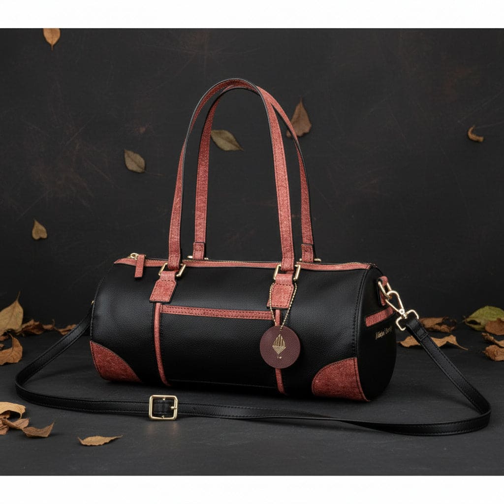 Salacia plant leather bowler bag in black and madder red with detachable shoulder strap, handcrafted using fairtrade canvas, cactus leather and malai leather.