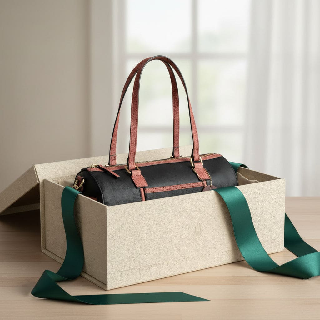 Salacia plant leather bowler bag in black and madder red presented in a premium gift box, handcrafted with fairtrade canvas, cactus leather and malai leather.
