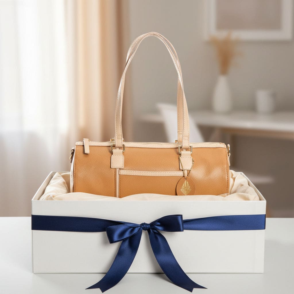Salacia plant leather bowler bag in caramel and almond presented in a premium Green Hermitage gift box, handcrafted from plant-based apple leather and fairtrade canvas.