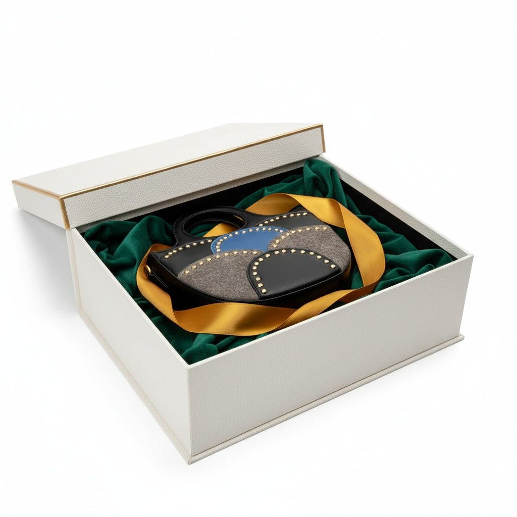 Savannah Black plant leather sling bag in premium gift box packaging with ribbon by Green Hermitage