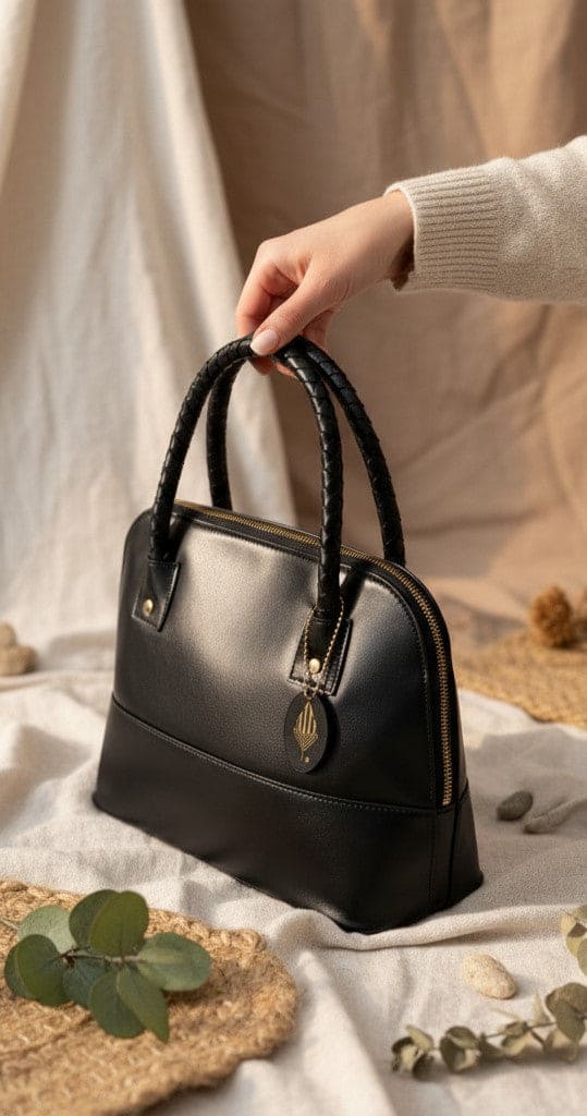Theia black plant-based leather shoulder bag held by hand showcasing structured design and everyday usability