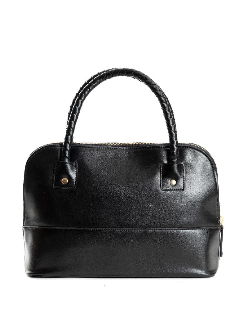 Front view of Theia black vegan leather shoulder bag highlighting structured design, smooth finish and minimal aesthetic