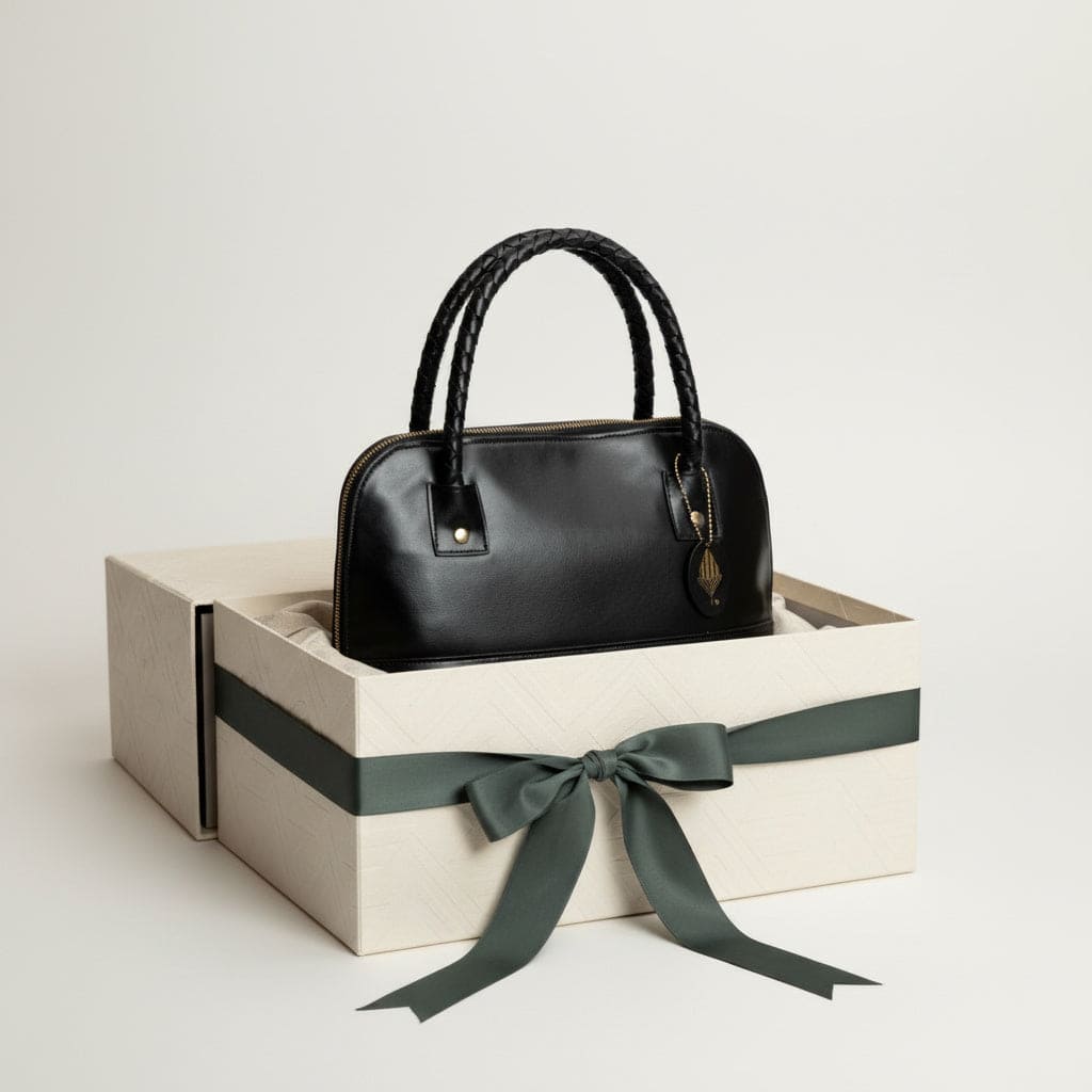 Theia black vegan leather shoulder bag placed in a premium gift box with ribbon, ideal for sustainable luxury gifting
